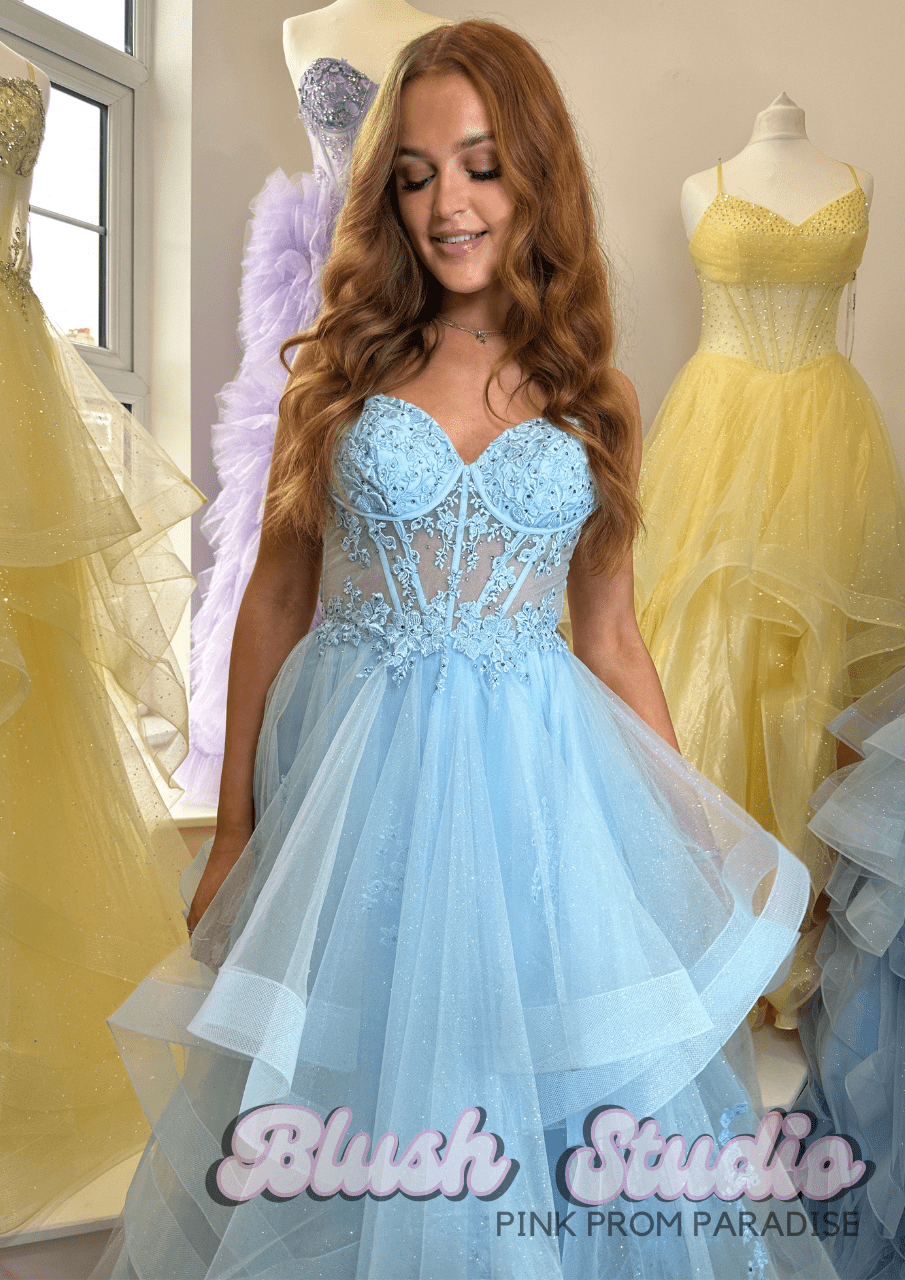 blush blue prom dress Floral 3D Appliqu Gown with Detachable Cape Sleeves Light Blue & Blush Pink Prom Dress